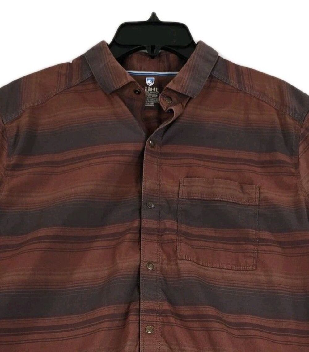 Kuhl Shirt Mens M Brown Striped Short Sleeve Snap Button Hiking Travel Outdoor